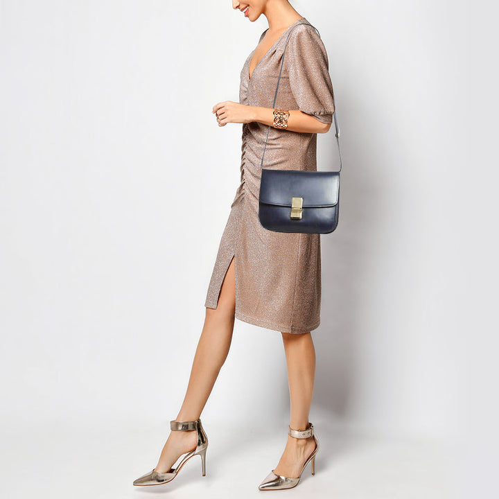 Celine Navy Blue Leather Medium Classic Box Shoulder Bag