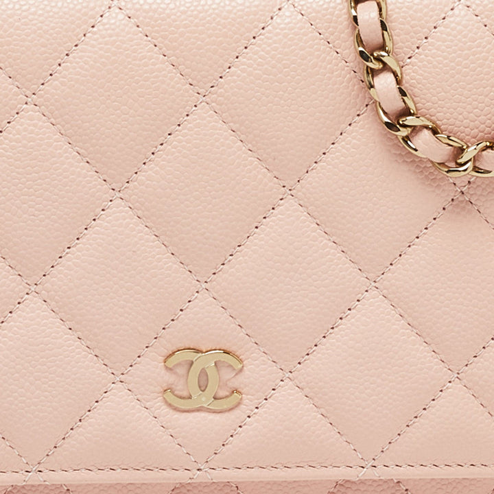Chanel Peach Quilted Caviar Leather CC New Wallet on Chain