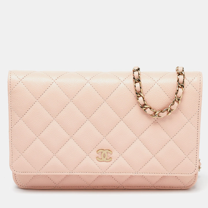 Chanel Peach Quilted Caviar Leather CC New Wallet on Chain