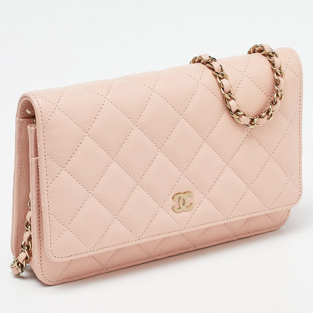 Chanel Peach Quilted Caviar Leather CC New Wallet on Chain