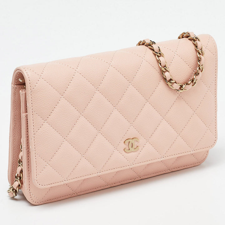 Chanel Peach Quilted Caviar Leather CC New Wallet on Chain