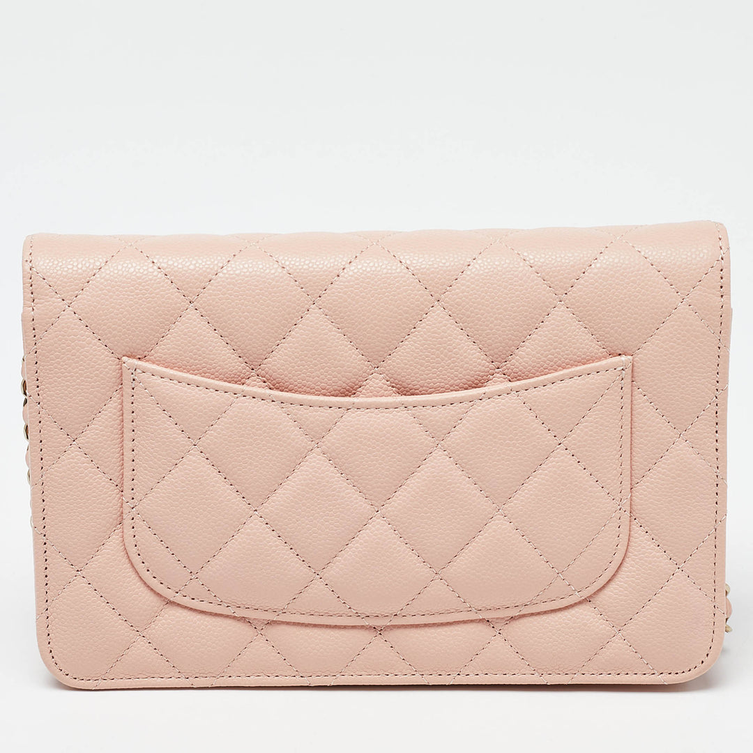 Chanel Peach Quilted Caviar Leather CC New Wallet on Chain