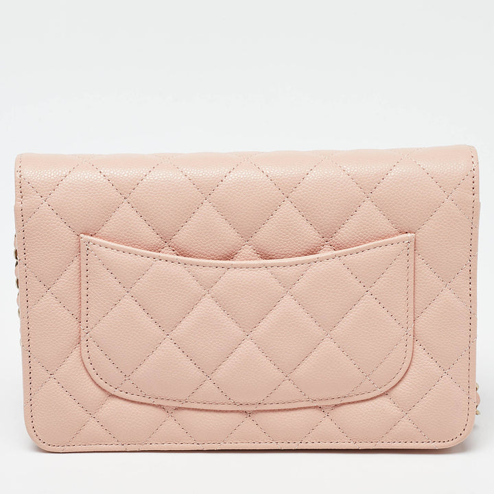 Chanel Peach Quilted Caviar Leather CC New Wallet on Chain