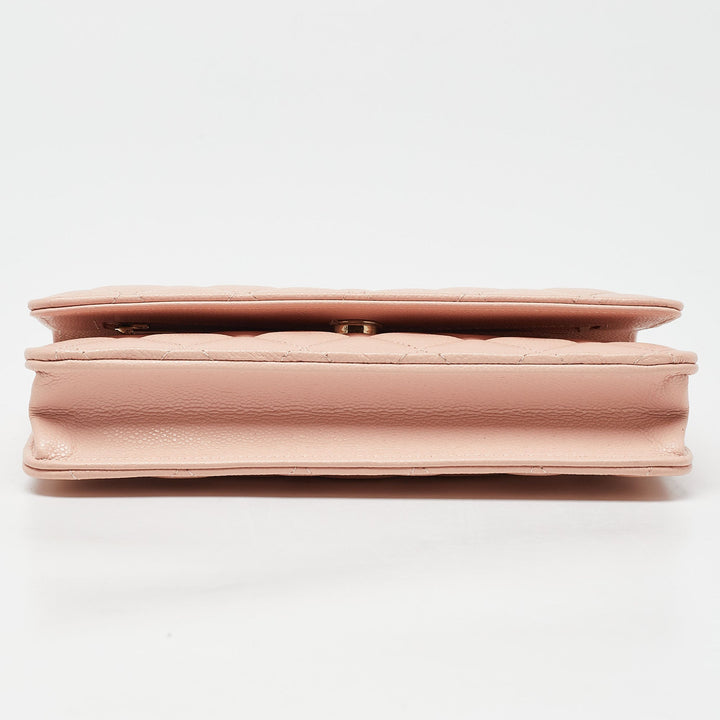 Chanel Peach Quilted Caviar Leather CC New Wallet on Chain