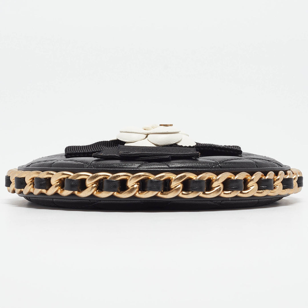 Chanel Black Quilted Leather Mini Round Camellia Clutch