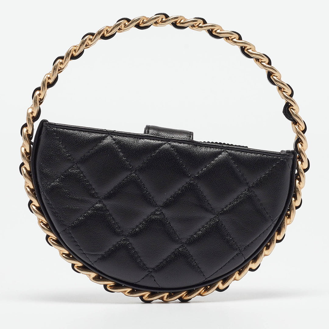 Chanel Black Quilted Leather Mini Round Camellia Clutch