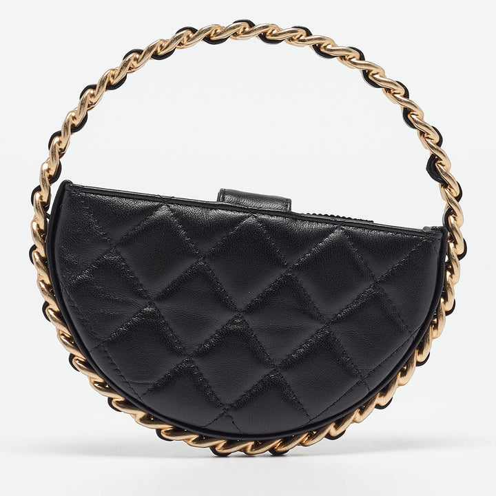 Chanel Black Quilted Leather Mini Round Camellia Clutch