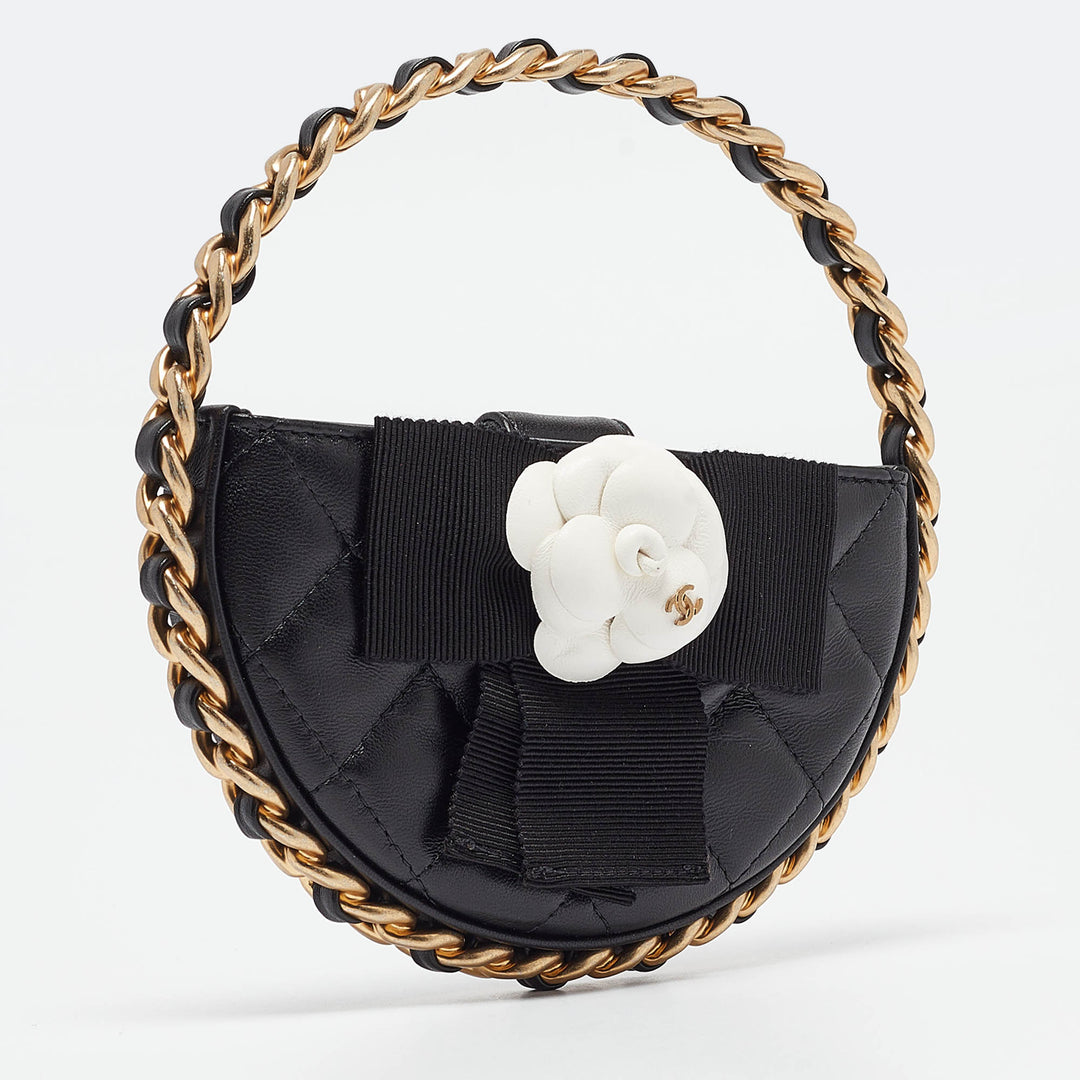 Chanel Black Quilted Leather Mini Round Camellia Clutch
