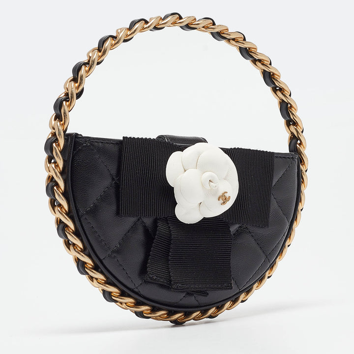 Chanel Black Quilted Leather Mini Round Camellia Clutch