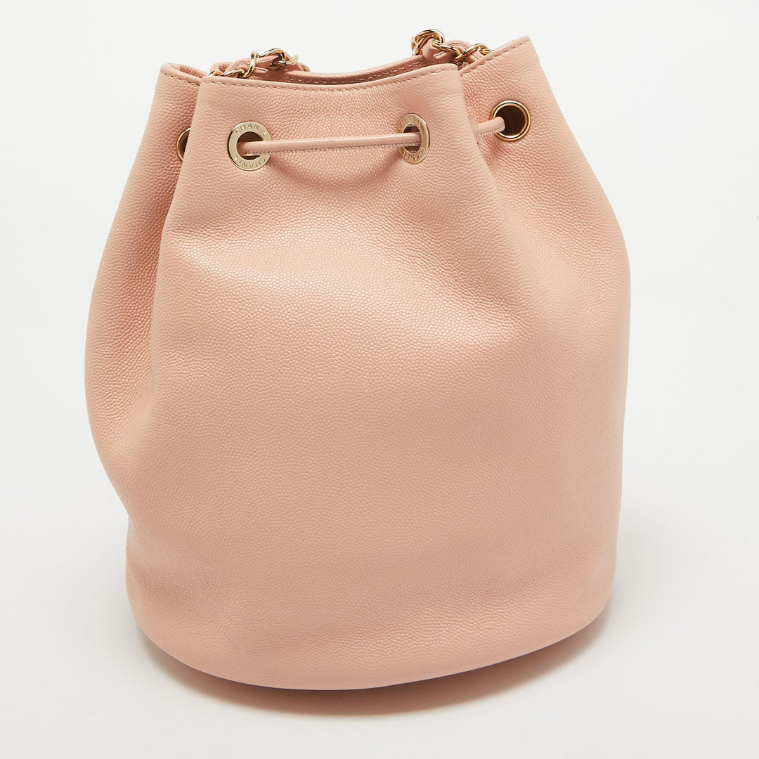 Top Quality Chanel Peach Leather Logo Studs Deauville Drawstring Bucket Bag