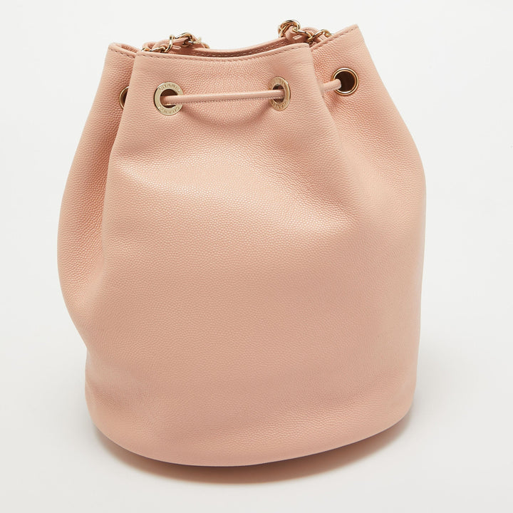 Top Quality Chanel Peach Leather Logo Studs Deauville Drawstring Bucket Bag