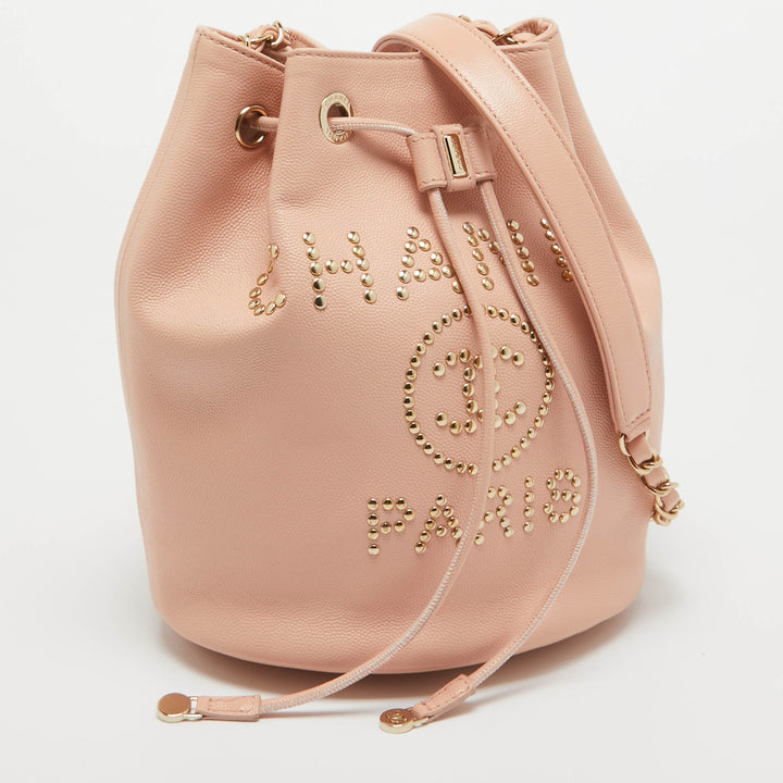 Top Quality Chanel Peach Leather Logo Studs Deauville Drawstring Bucket Bag