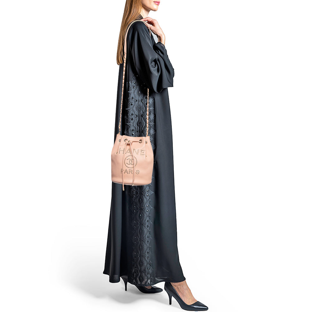 Top Quality Chanel Peach Leather Logo Studs Deauville Drawstring Bucket Bag