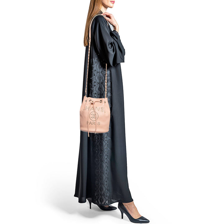 Top Quality Chanel Peach Leather Logo Studs Deauville Drawstring Bucket Bag