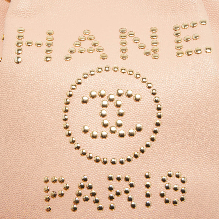 Top Quality Chanel Peach Leather Logo Studs Deauville Drawstring Bucket Bag