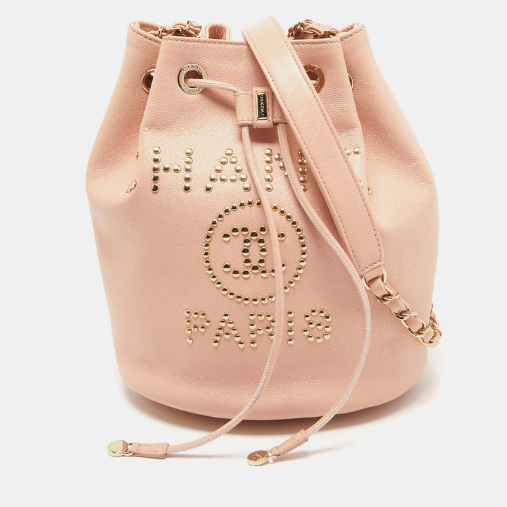 Top Quality Chanel Peach Leather Logo Studs Deauville Drawstring Bucket Bag