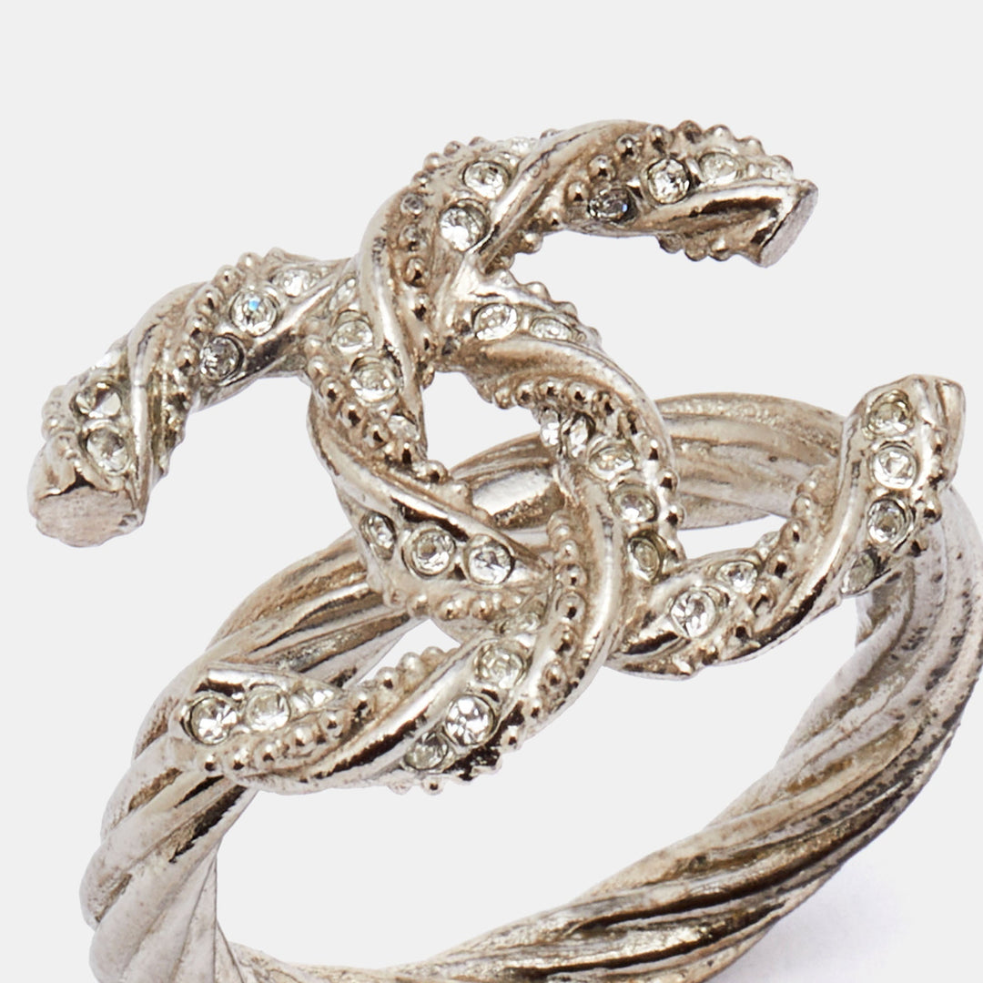 Top Quality Chanel Gunmetal Tone Crystal Embellished CC Twist Ring EU 49