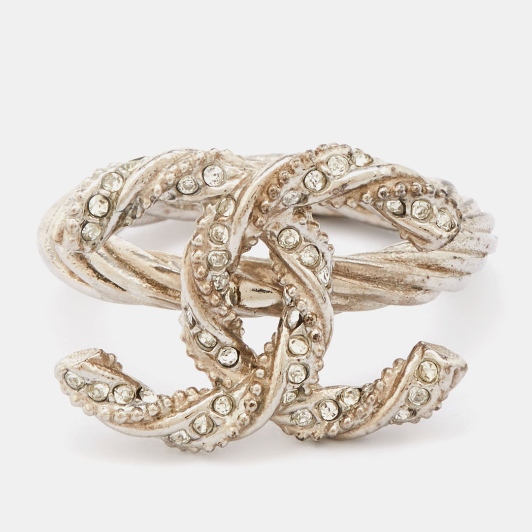 Top Quality Chanel Gunmetal Tone Crystal Embellished CC Twist Ring EU 49