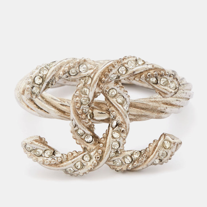 Top Quality Chanel Gunmetal Tone Crystal Embellished CC Twist Ring EU 49