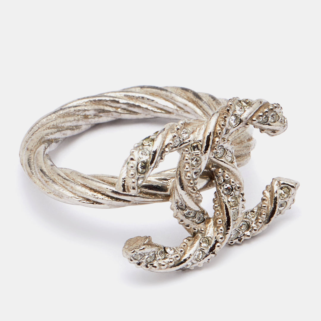 Top Quality Chanel Gunmetal Tone Crystal Embellished CC Twist Ring EU 49