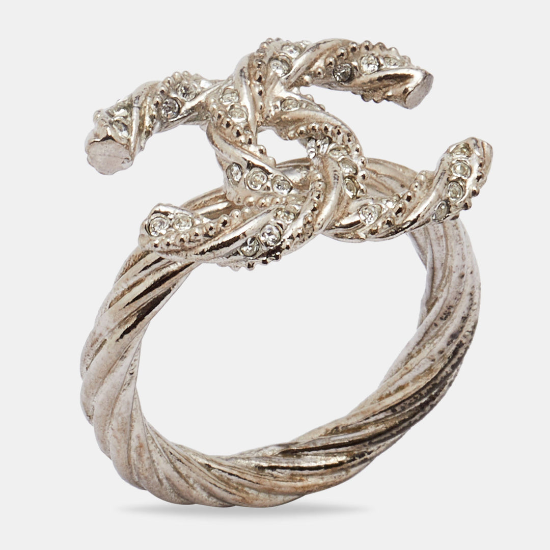 Top Quality Chanel Gunmetal Tone Crystal Embellished CC Twist Ring EU 49