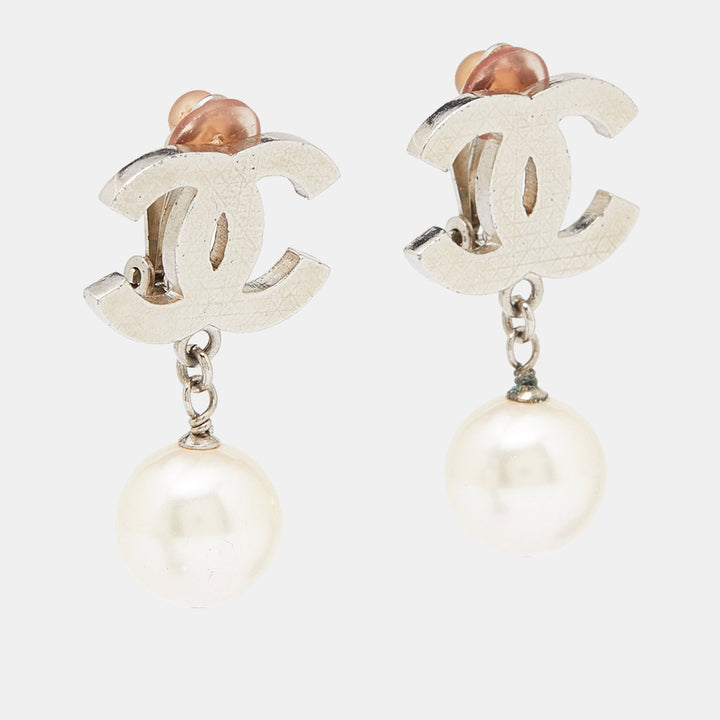 Top Quality Chanel CC Faux Pearl Silver Tone Earrings