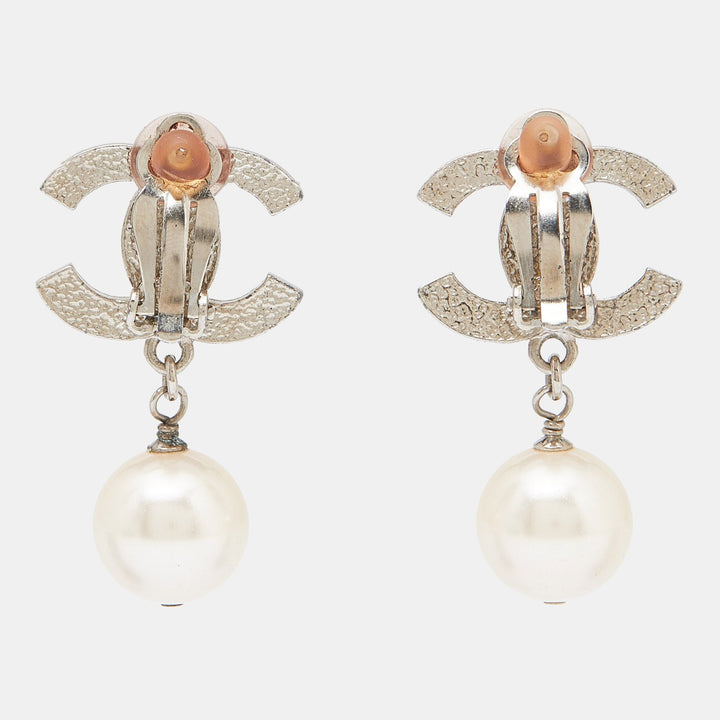 Top Quality Chanel CC Faux Pearl Silver Tone Earrings
