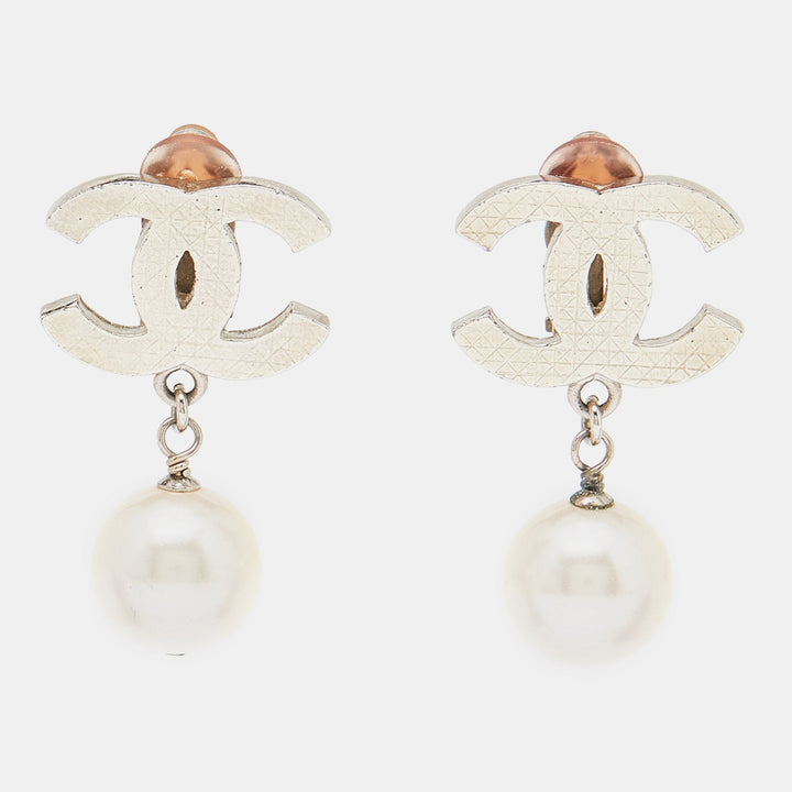 Top Quality Chanel CC Faux Pearl Silver Tone Earrings