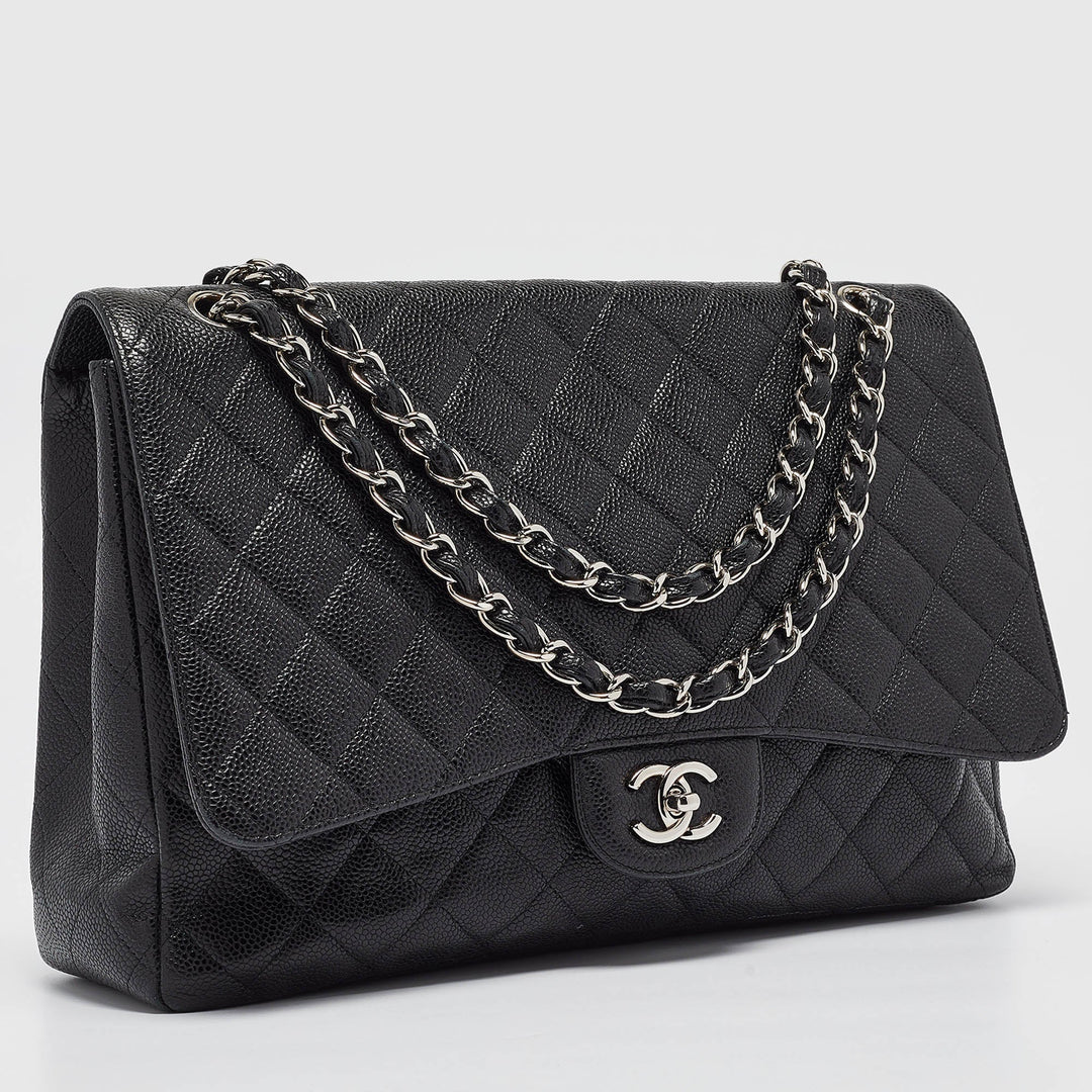 Chanel Black Quilted Caviar Leather Maxi Classic Single New Bag