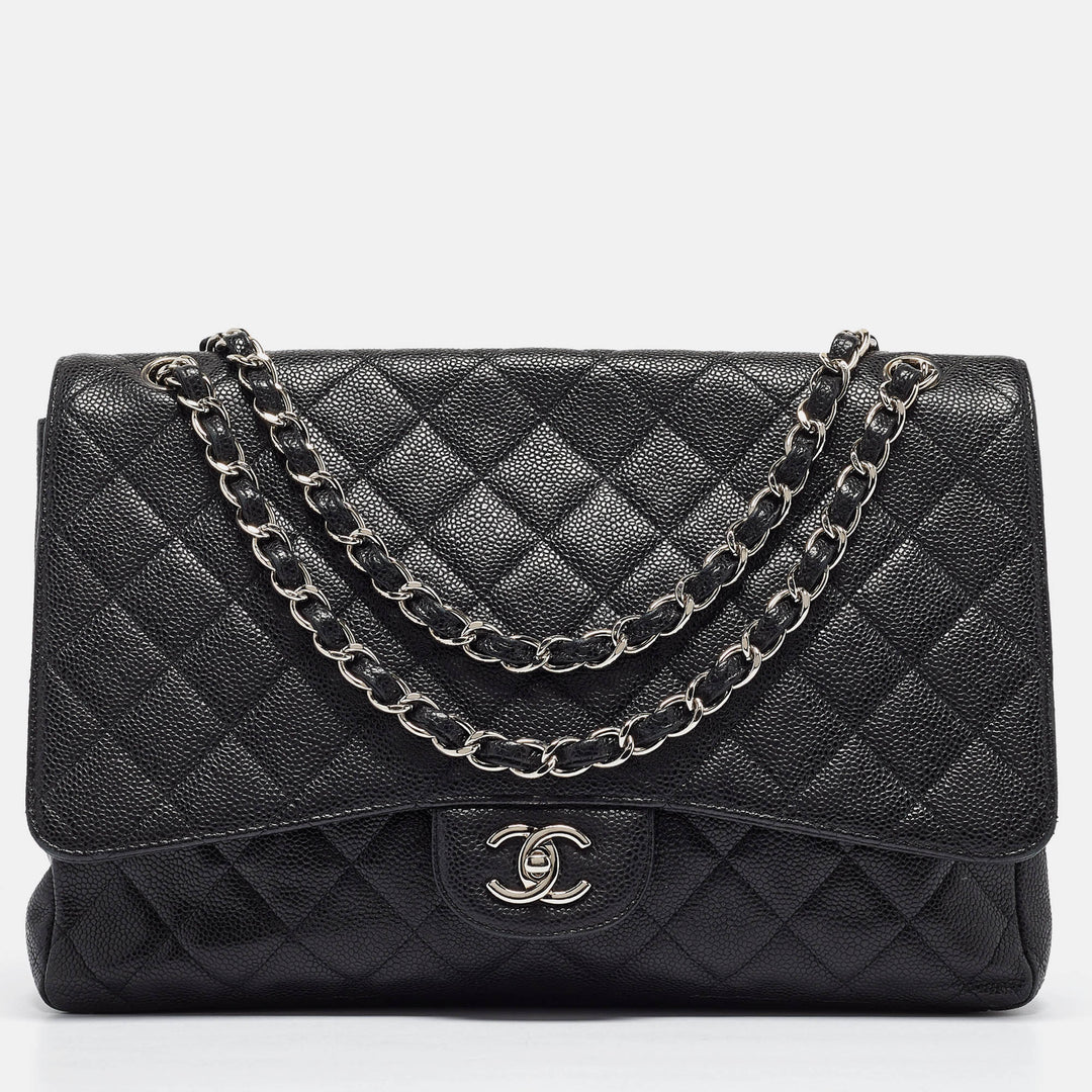 Chanel Black Quilted Caviar Leather Maxi Classic Single New Bag