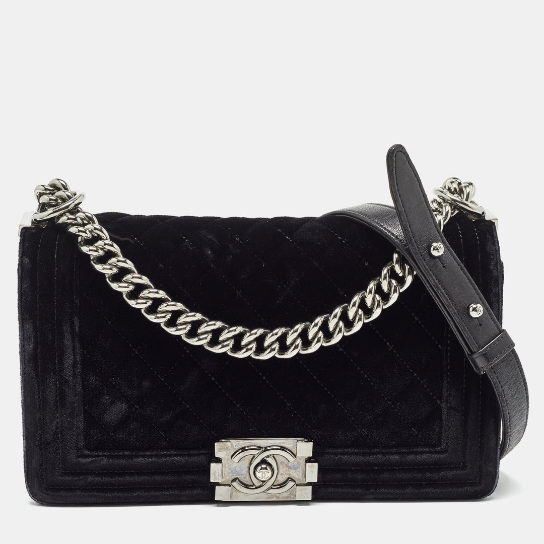 Chanel Black Quilted Velvet Medium Boy New Bag