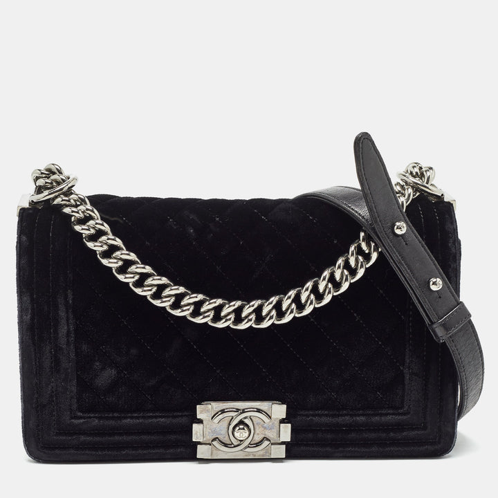 Chanel Black Quilted Velvet Medium Boy New Bag