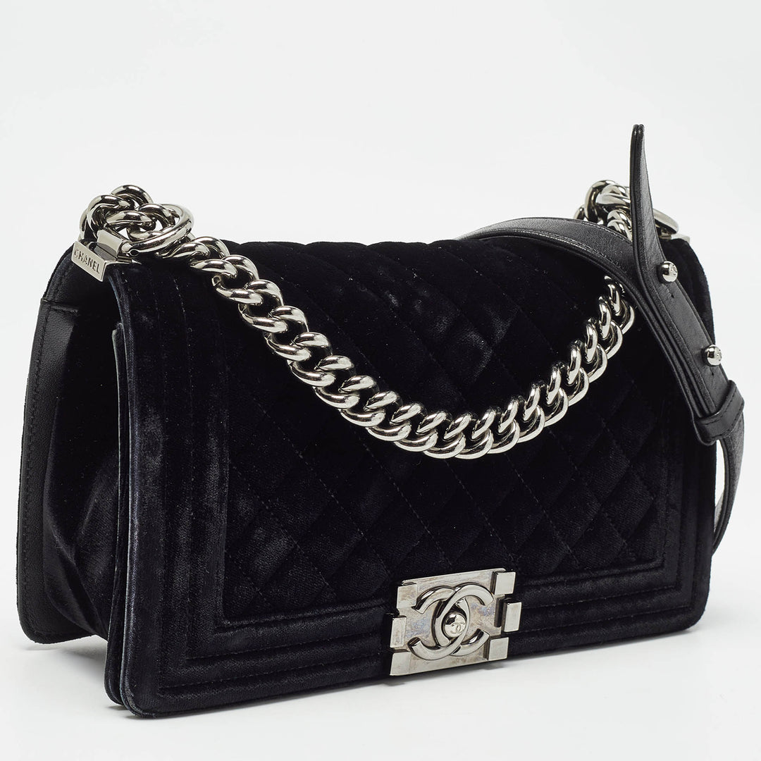 Chanel Black Quilted Velvet Medium Boy New Bag