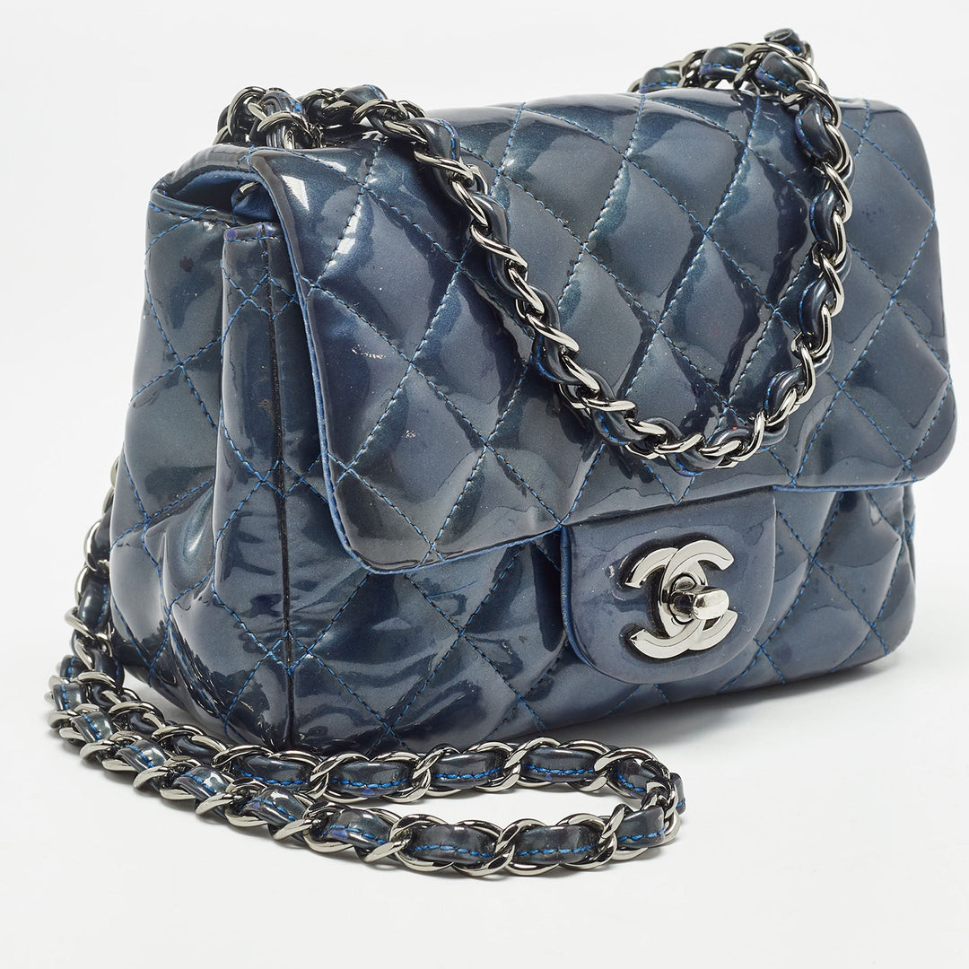 Chanel Blue Quilted Patent Leather Mini Classic New Bag