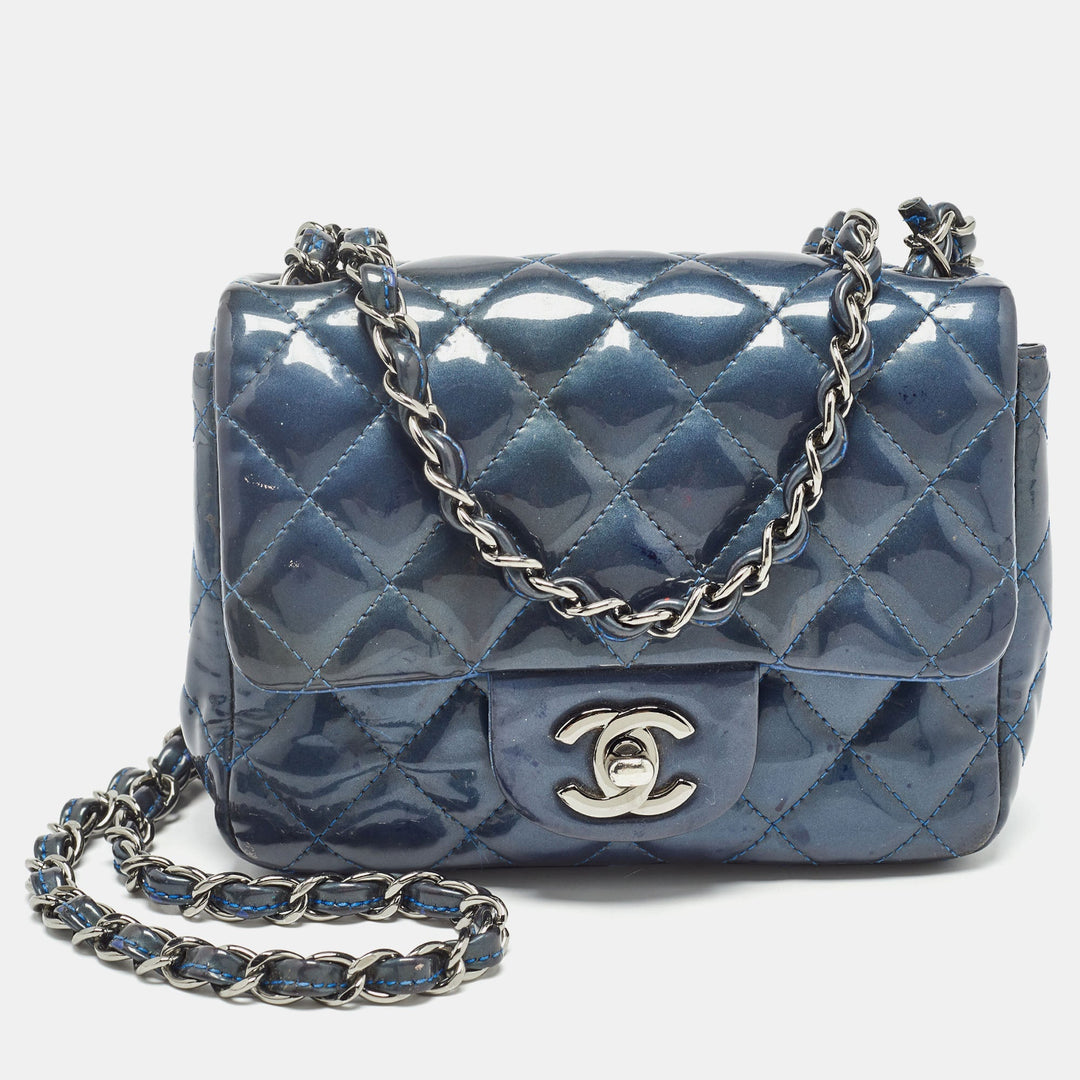 Chanel Blue Quilted Patent Leather Mini Classic New Bag