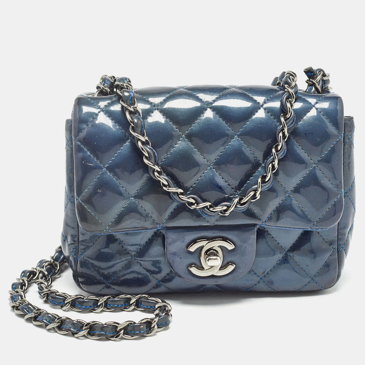 Chanel Blue Quilted Patent Leather Mini Classic New Bag