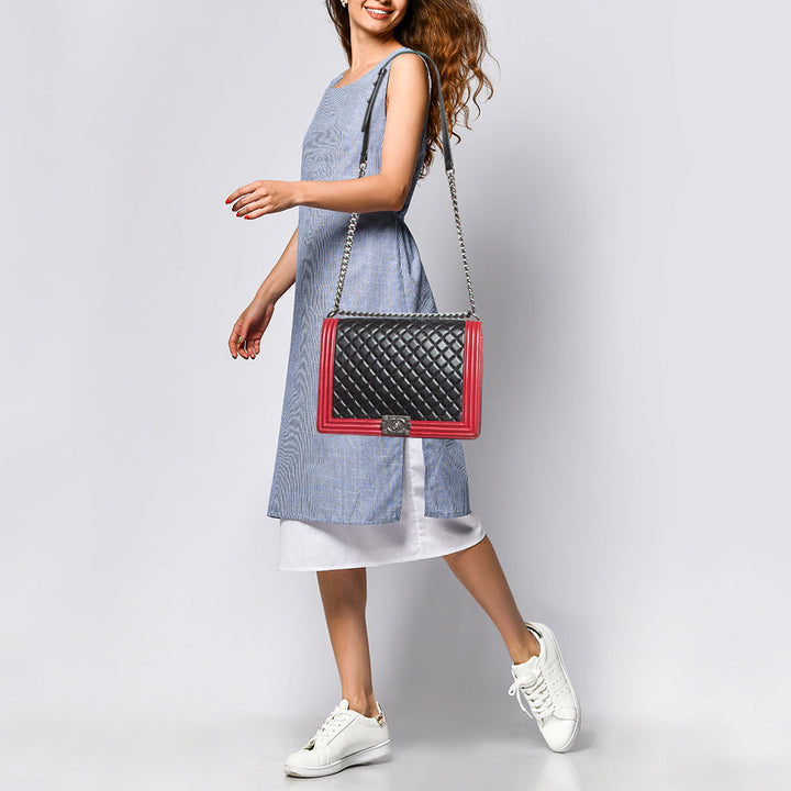 Chanel Black/Red Quilted Leather Large Boy New Bag