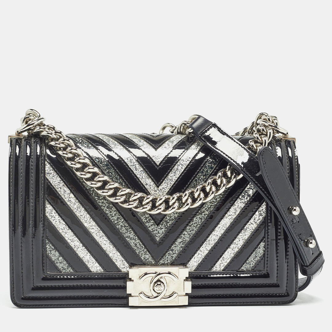 Chanel Black/Silver Chevron Patent Leather Medium Boy New Bag