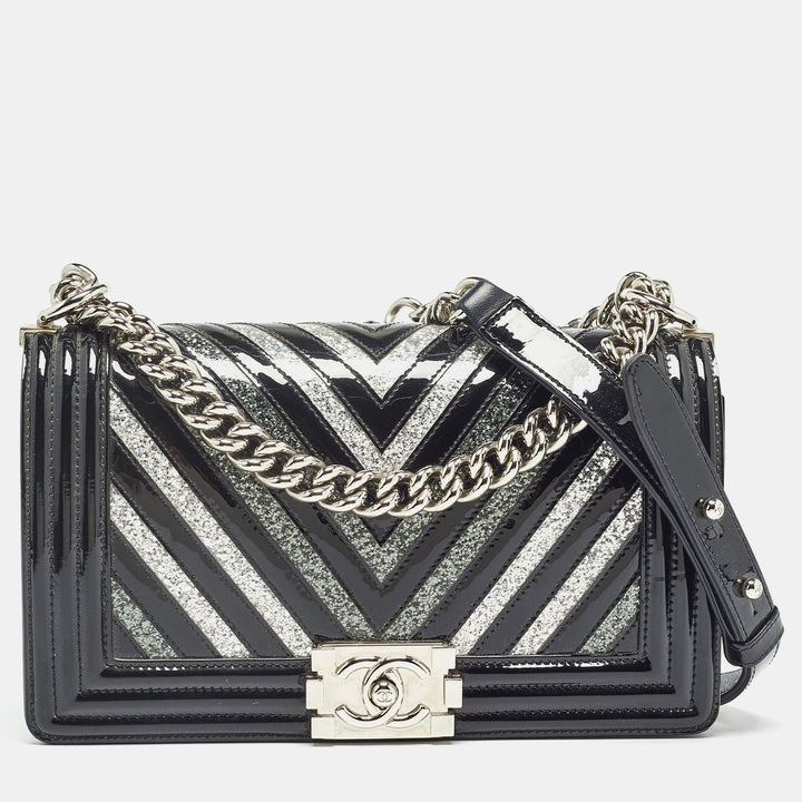 Chanel Black/Silver Chevron Patent Leather Medium Boy New Bag
