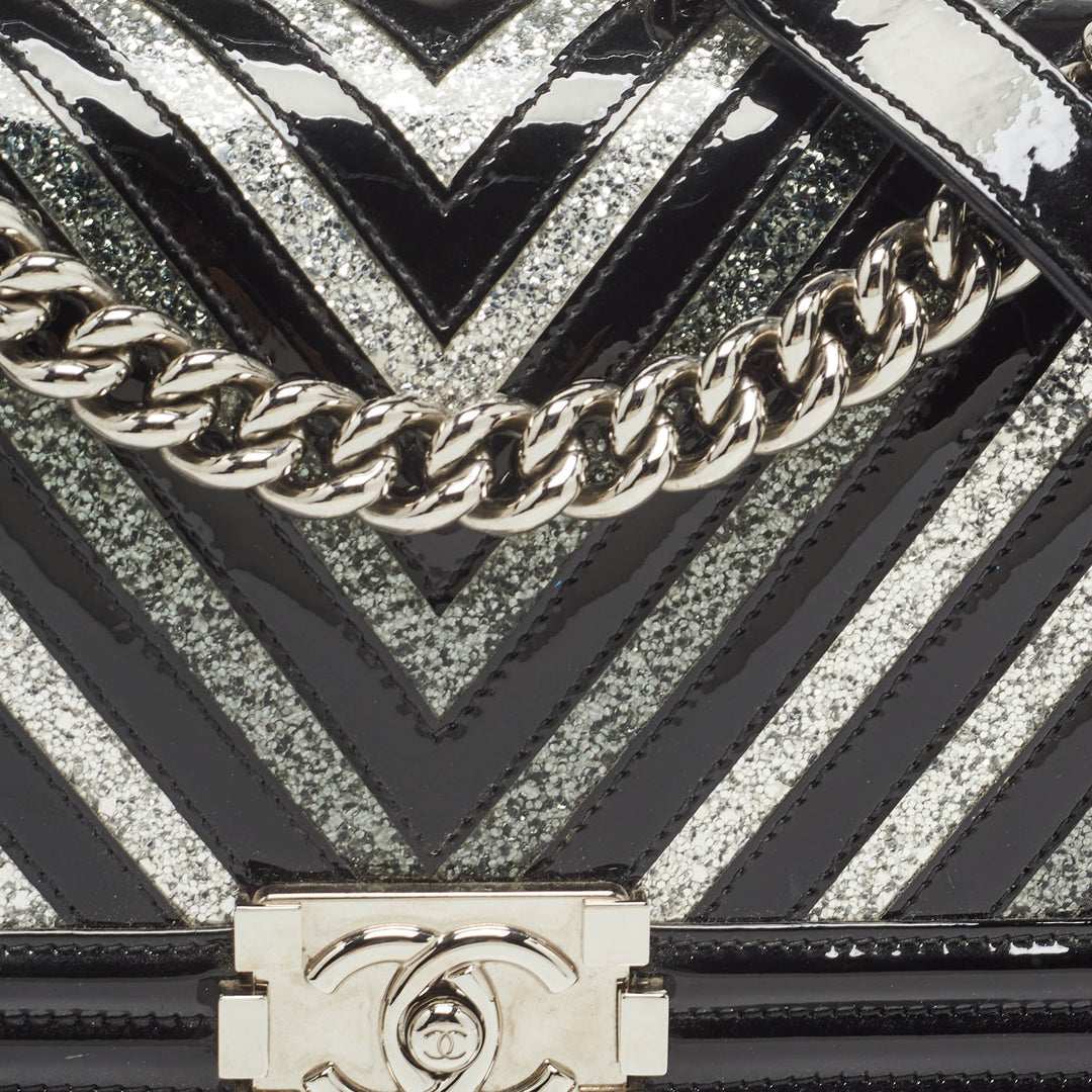 Chanel Black/Silver Chevron Patent Leather Medium Boy New Bag
