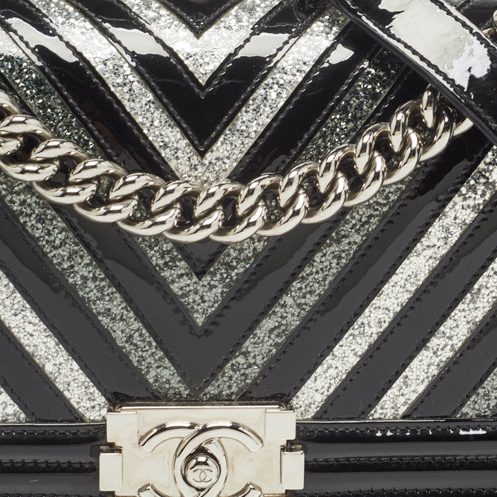 Chanel Black/Silver Chevron Patent Leather Medium Boy New Bag