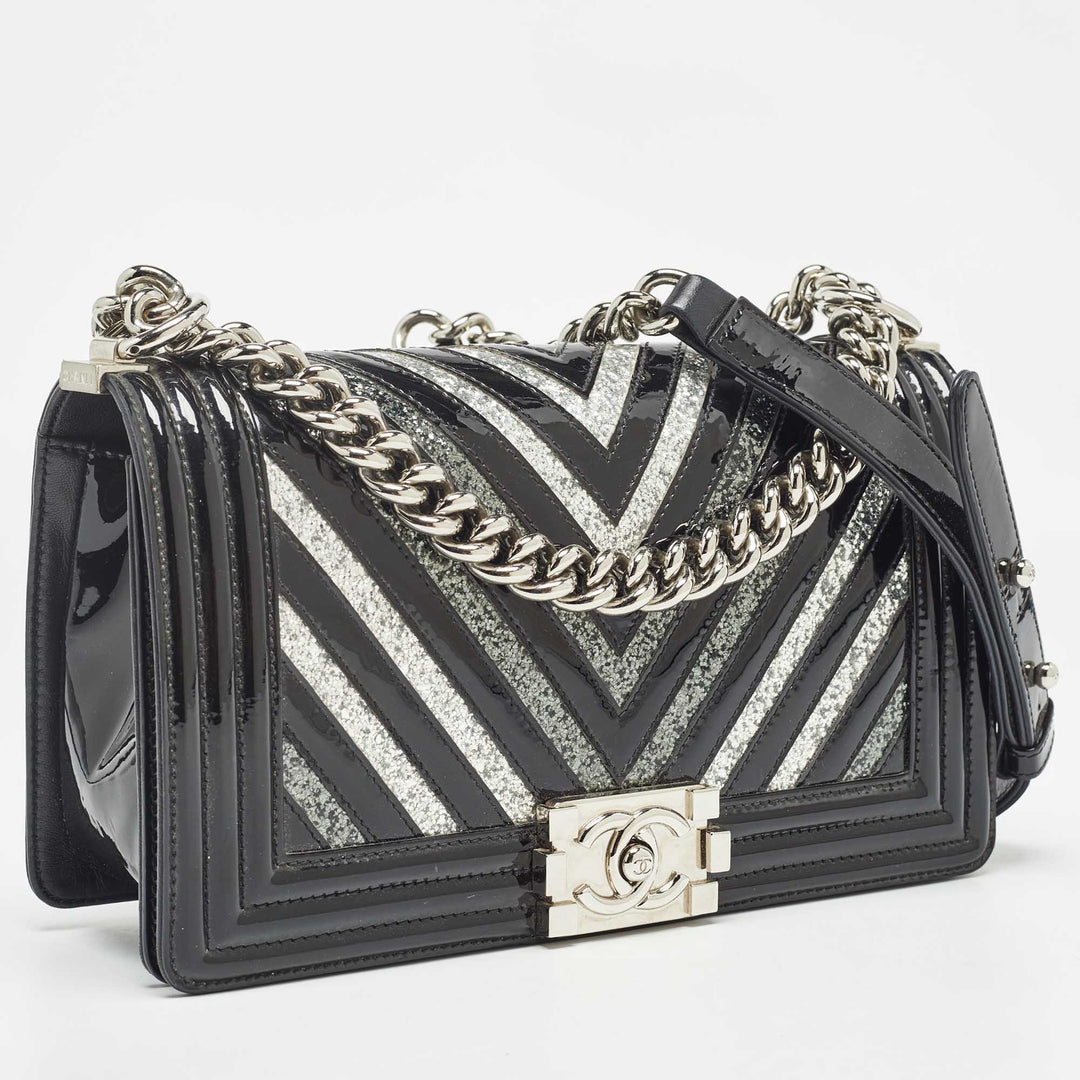 Chanel Black/Silver Chevron Patent Leather Medium Boy New Bag