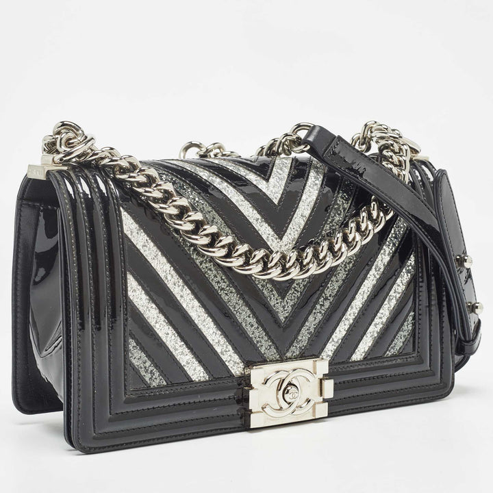 Chanel Black/Silver Chevron Patent Leather Medium Boy New Bag