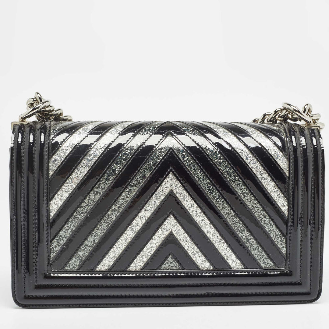 Chanel Black/Silver Chevron Patent Leather Medium Boy New Bag