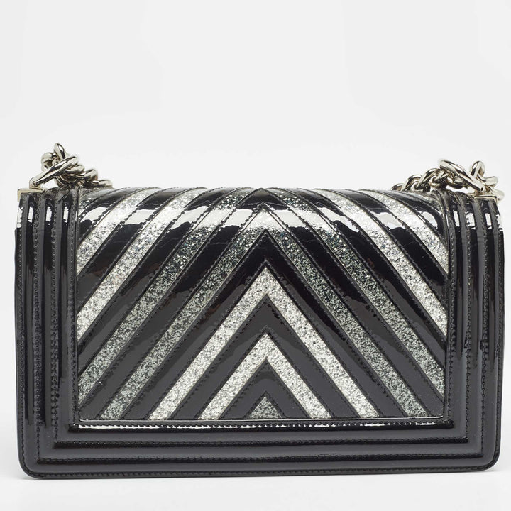 Chanel Black/Silver Chevron Patent Leather Medium Boy New Bag