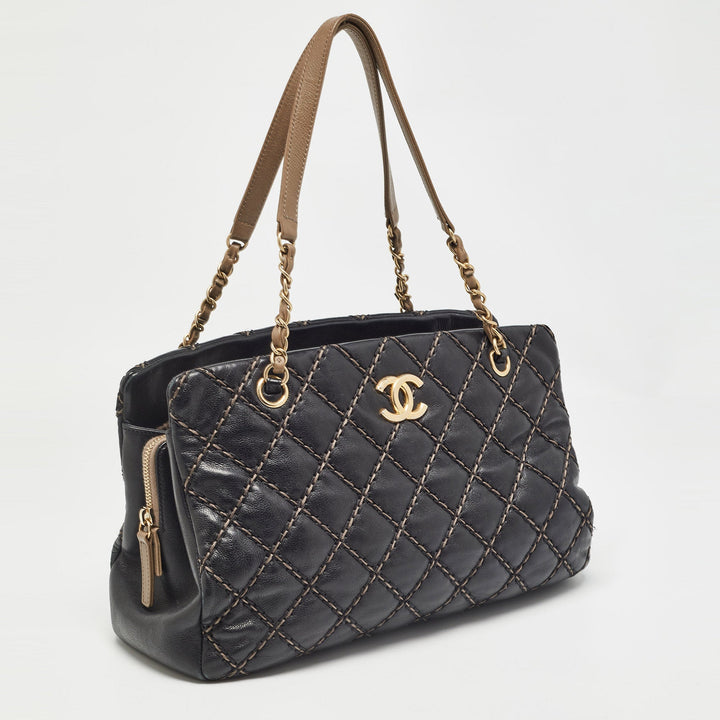Chanel Black/Beige Quilted Leather Paris Dallas Chic Stitch Bag