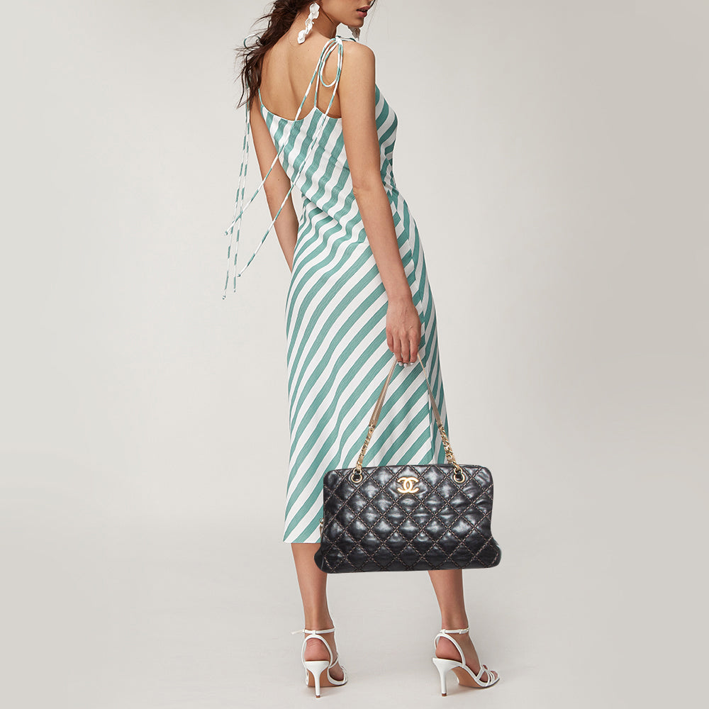 Chanel Black/Beige Quilted Leather Paris Dallas Chic Stitch Bag