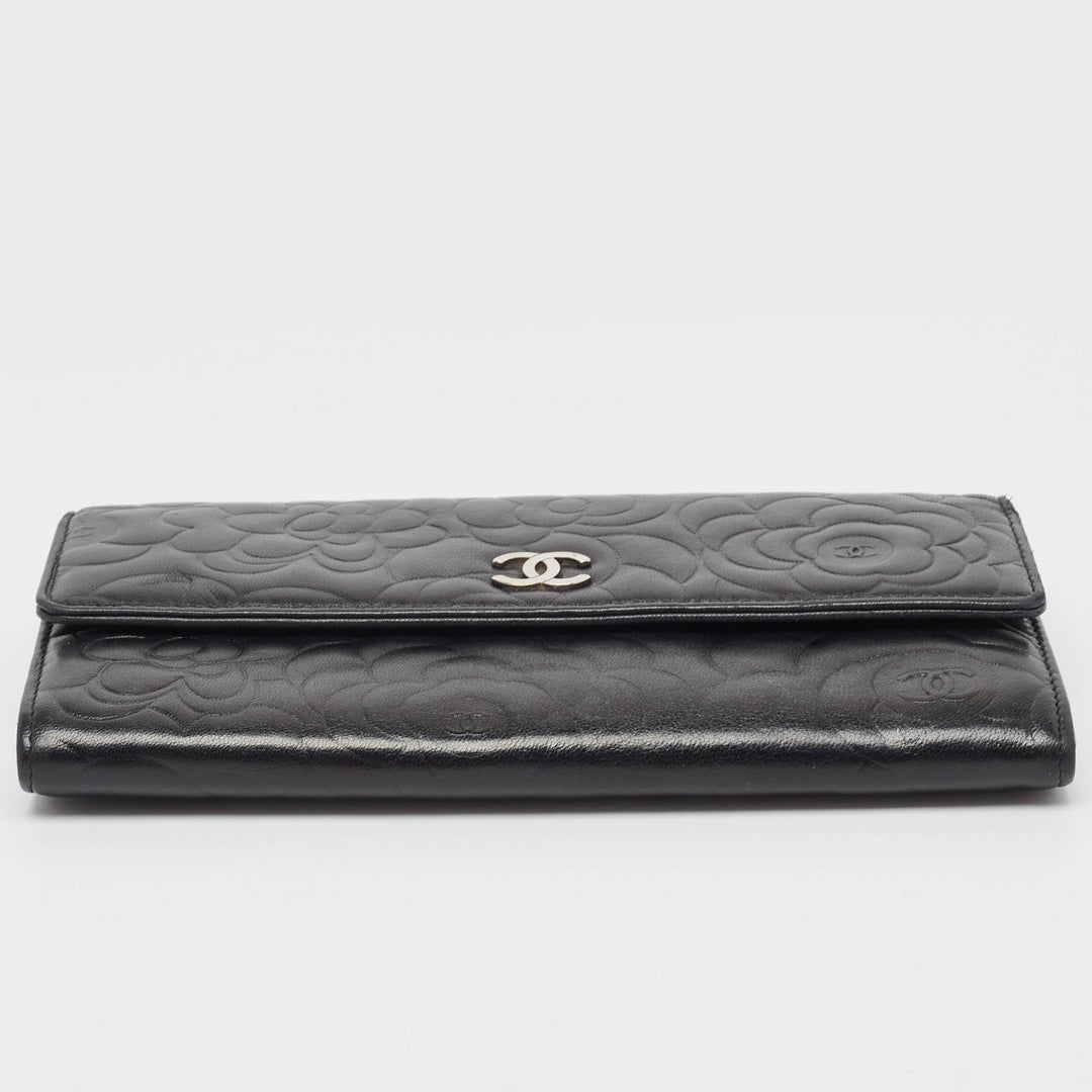 Chanel Black Camellia Embossed Leather Large New Wallet