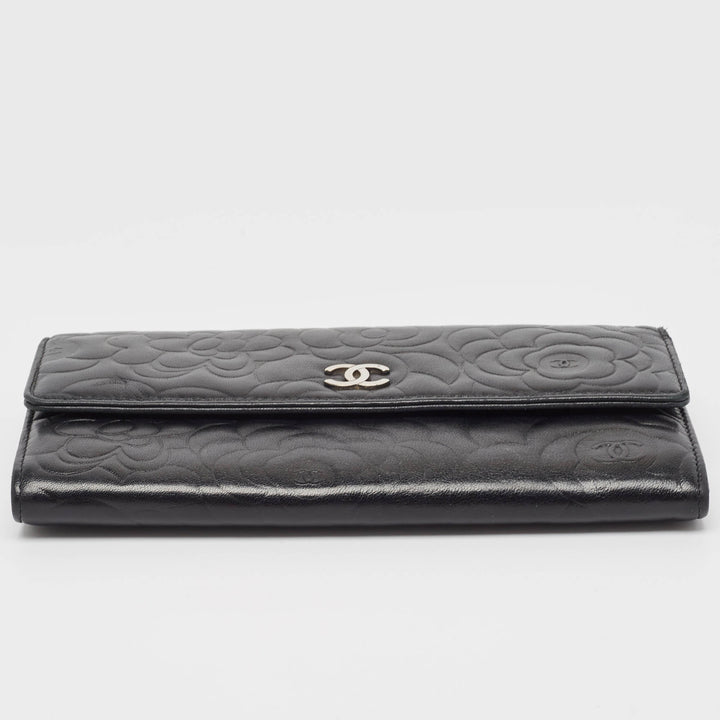 Chanel Black Camellia Embossed Leather Large New Wallet