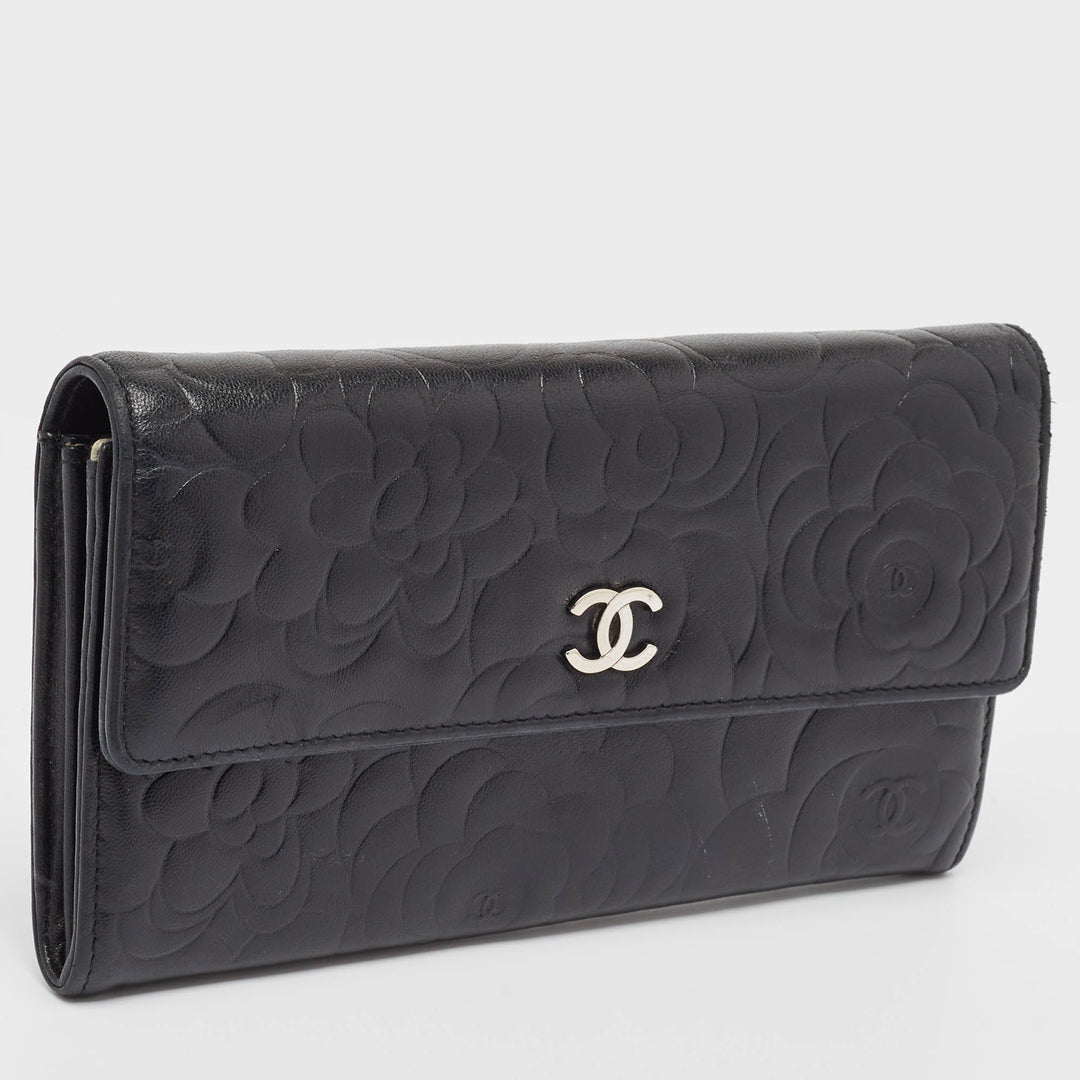 Chanel Black Camellia Embossed Leather Large New Wallet